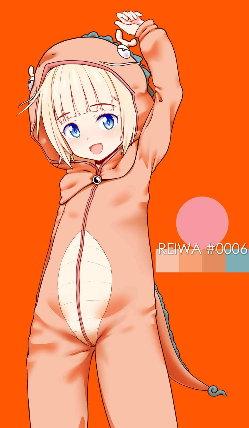 1girl, :d, animal_costume, arm_up, blonde_hair, blue_eyes, chinese_zodiac, color_guide