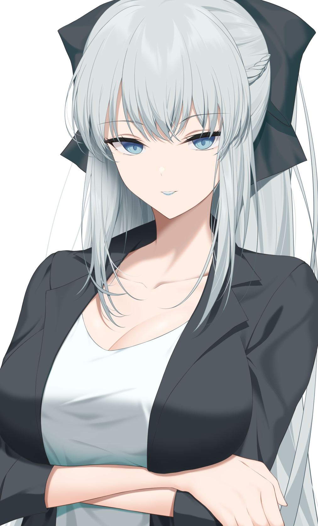 1girl, black_bow, blue_eyes, blush, bow, braid, breasts, closed_mouth, collarbone, dress_shirt, fate/grand_order, fate_(series), french_braid, grey_hair, hair_between_eyes, hair_bow, hair_ornament, highres, kikata_(hata_nanokana), large_breasts, long_hair, long_sleeves, looking_at_viewer, morgan_le_fay_(chaldea_satellite_station)_(fate), morgan_le_fay_(fate), office_lady, ponytail, shirt, simple_background, smile, upper_body, very_long_hair, white_background, white_shirt