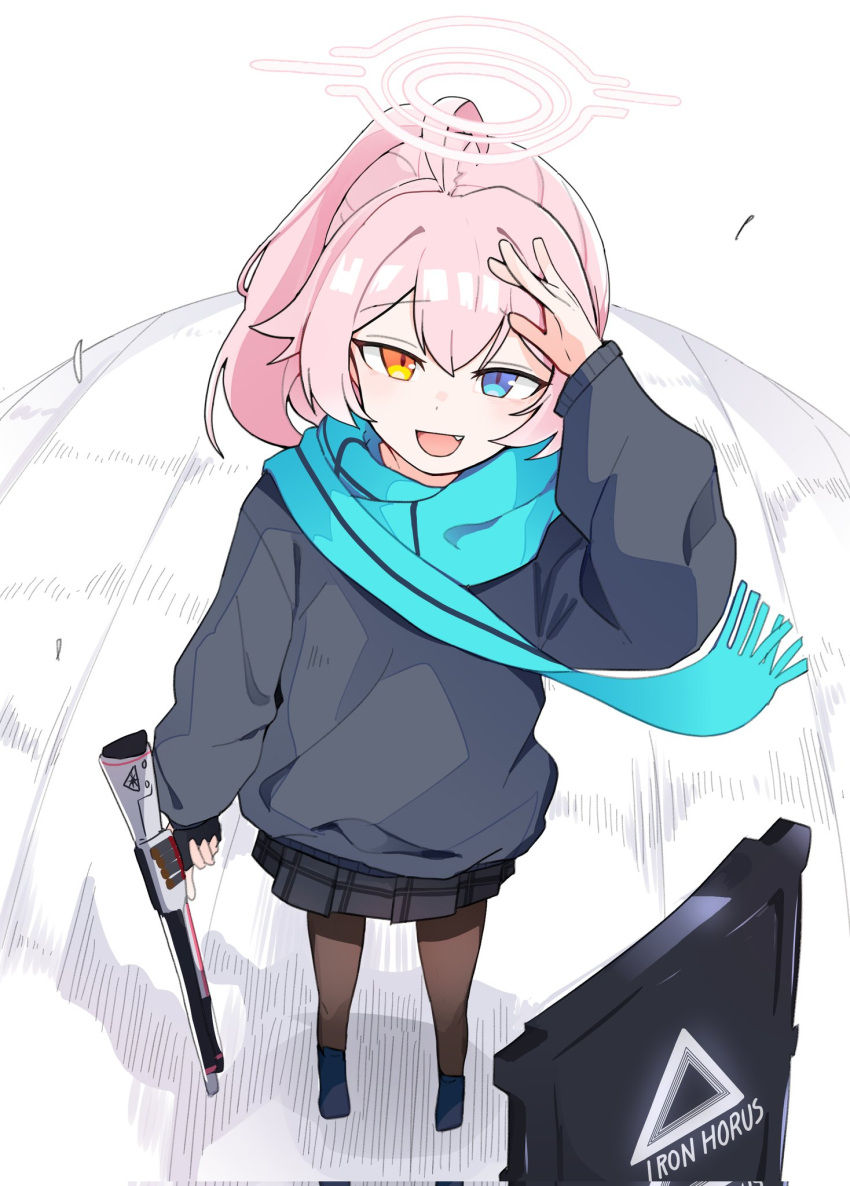 1girl, black_shirt, black_skirt, blue_archive, blue_eyes, blue_scarf, blush, brown_pantyhose, corrupted_twitter_file, fang, fringe_trim, from_above, gun, hair_between_eyes, halo, heterochromia, highres, holding, holding_gun, holding_weapon, hoshino_(blue_archive), long_hair, long_sleeves, looking_at_viewer, open_mouth, pantyhose, pearlgang_e, pink_hair, pink_halo, pleated_skirt, scarf, shield, shirt, skirt, smile, solo, standing, weapon, yellow_eyes