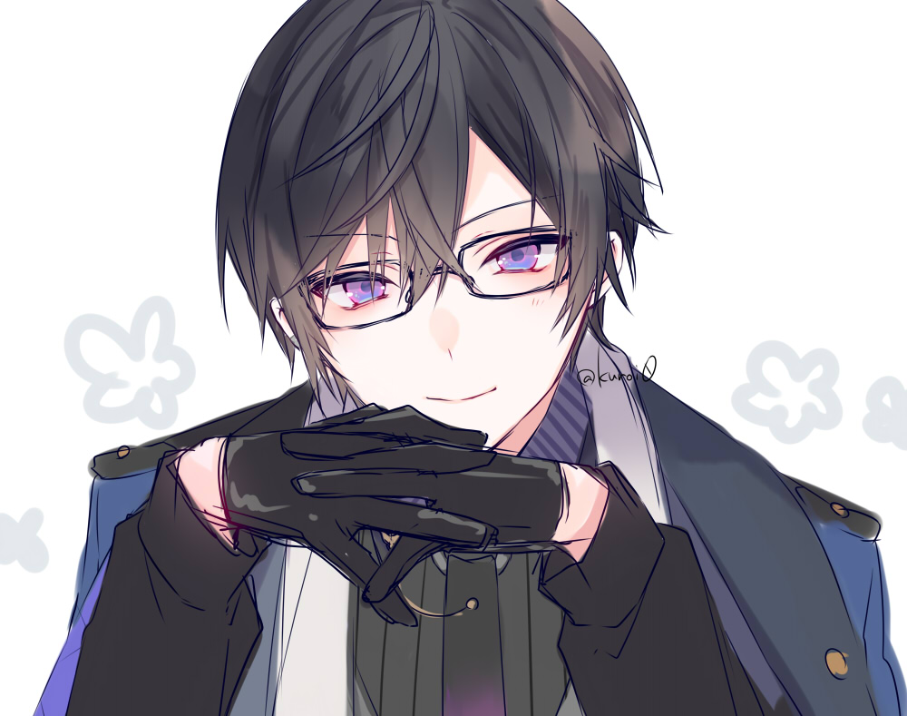 1boy, black-framed_eyewear, black_gloves, black_hair, black_shirt, blue_jacket, closed_mouth, glasses