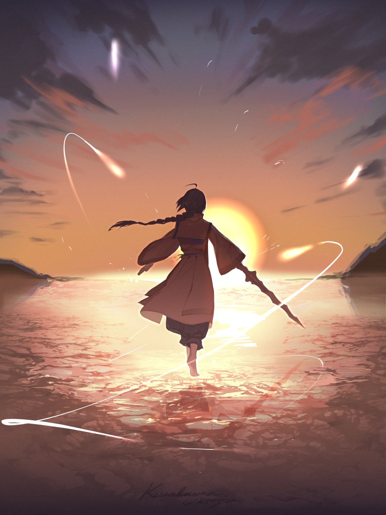 1other, ahoge, barefoot, black_hair, braid, braided_ponytail, clouds, fate/grand_order