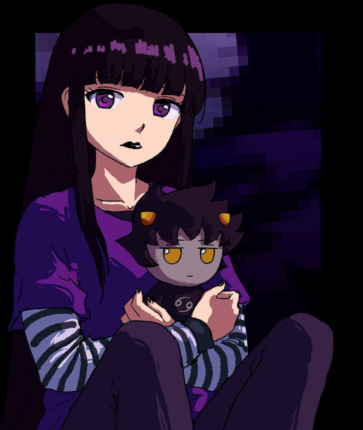 1girl, animification, black_hair, black_lips, black_nails, blunt_bangs, cancer_(symbol), character_doll
