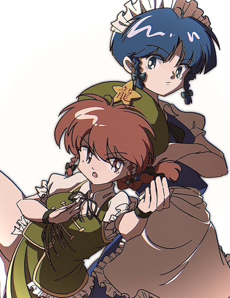 2girls, alternate_hairstyle, bare_arms, blue_hair, cosplay, crossed_arms, fighting_stance, hat, hong_meiling, hong_meiling_(cosplay), izayoi_sakuya, izayoi_sakuya_(cosplay), luuxiriver, maid, maid_headdress, multiple_girls, ranma-chan, ranma_1/2, redhead, saotome_ranma, tendou_akane, touhou