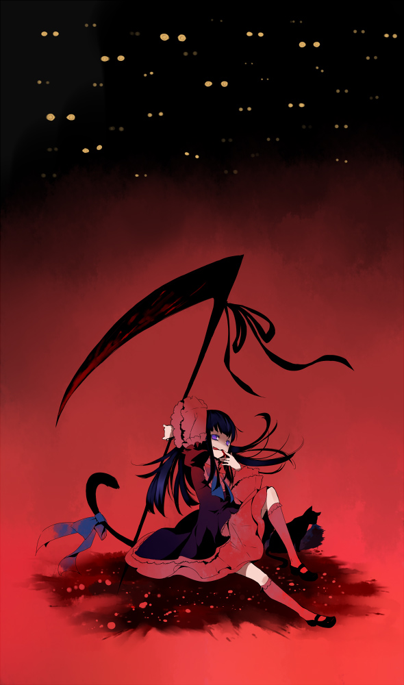 blue_hair, bow, cat, cat_tail, crossover, dress, frederica_bernkastel, glowing, glowing_eyes, hanokage, kneehighs, legs, long_hair, ookamikakushi, purple_eyes, ribbon, scythe, slit_pupils, socks, tail, umineko_no_naku_koro_ni, violet_eyes, yellow_eyes