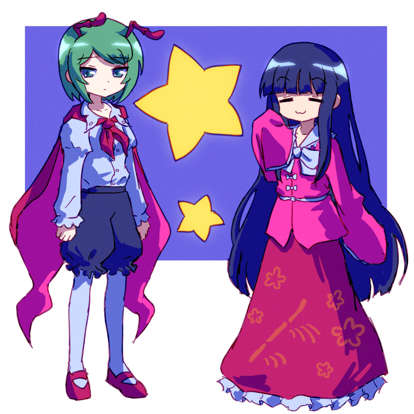 2girls, :3, =_=, absurdres, antennae, arms_at_sides, black_hair, blue_pantyhose