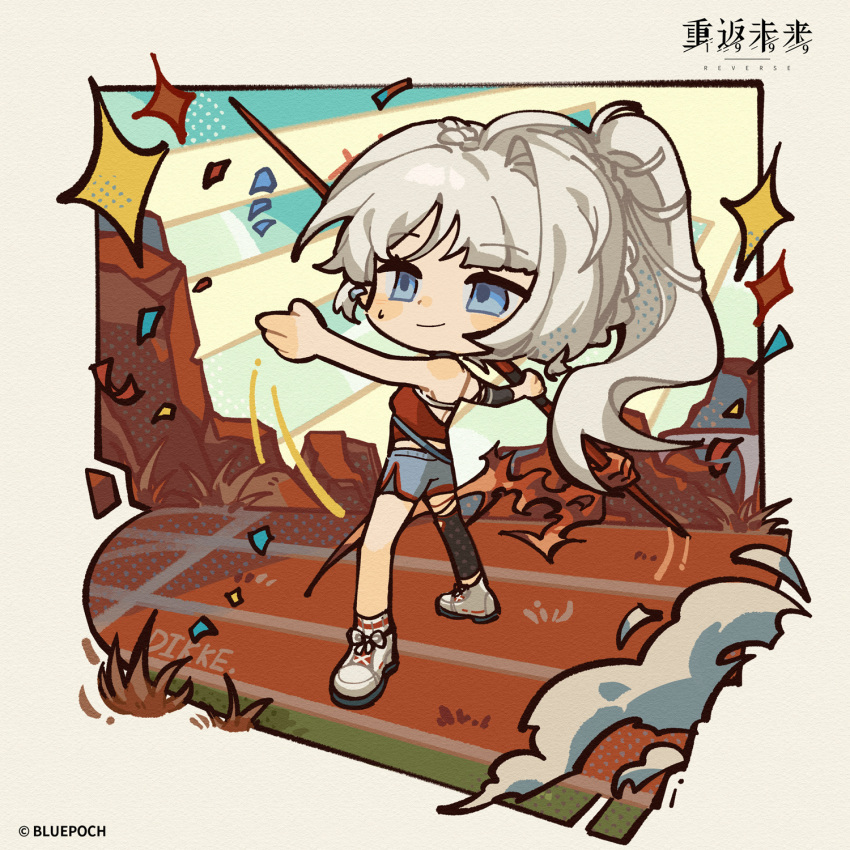 bare_arms, bare_shoulders, blue_eyes, blue_sky, border, braid, character_name, chibi, cliff, copyright_name, copyright_notice, dikke_(reverse:1999), dikke_(the_pointy_end_up)_(reverse:1999), dust, french_braid, full_body, grey_shorts, halftone_texture, hand_up, highres, holding_javelin, javelin_(spear), logo, long_hair, looking_up, official_art, outstretched_arms, ponytail, red_tank_top, reverse:1999, running_track, shoes, shorts, sky, smile, sneakers, socks, solo, sparkle, sun, sunburst, tank_top, track_and_field, white_border, white_footwear, white_hair, white_socks