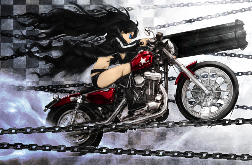 belt, bikini_top, black_hair, black_rock_shooter, black_rock_shooter_(character), blue_eyes, boots, boyaking