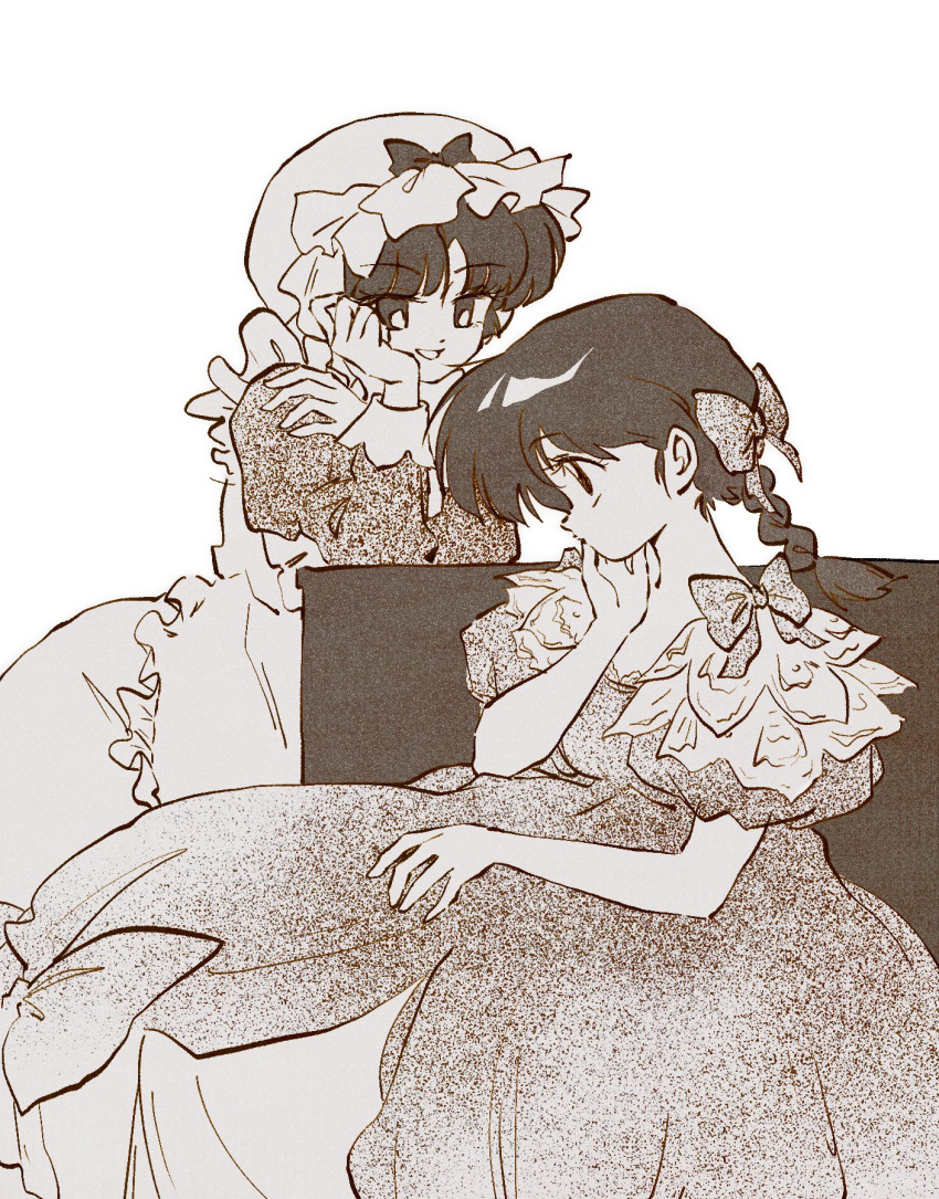 2girls, alternate_costume, apron, bow, braid, dress, frilled_dress, frills