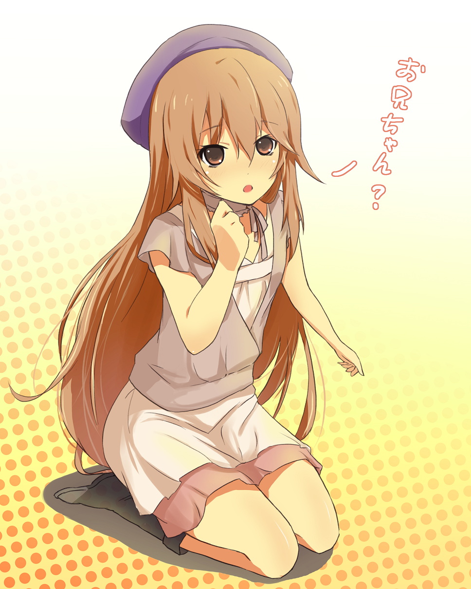brown_eyes, brown_hair, casual, halftone, halftone_background, hat, highres, kneeling