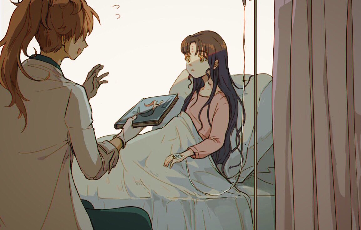 1boy, 1girl, aged_down, amidura, bed, bed_sheet, black_hair, book