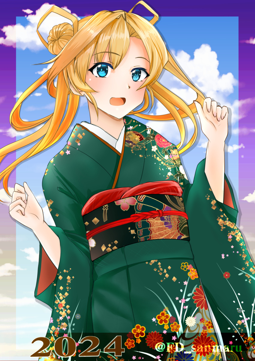 1girl, 2024, abukuma_(kancolle), alternate_costume, blonde_hair, blue_eyes, blue_sky, clouds