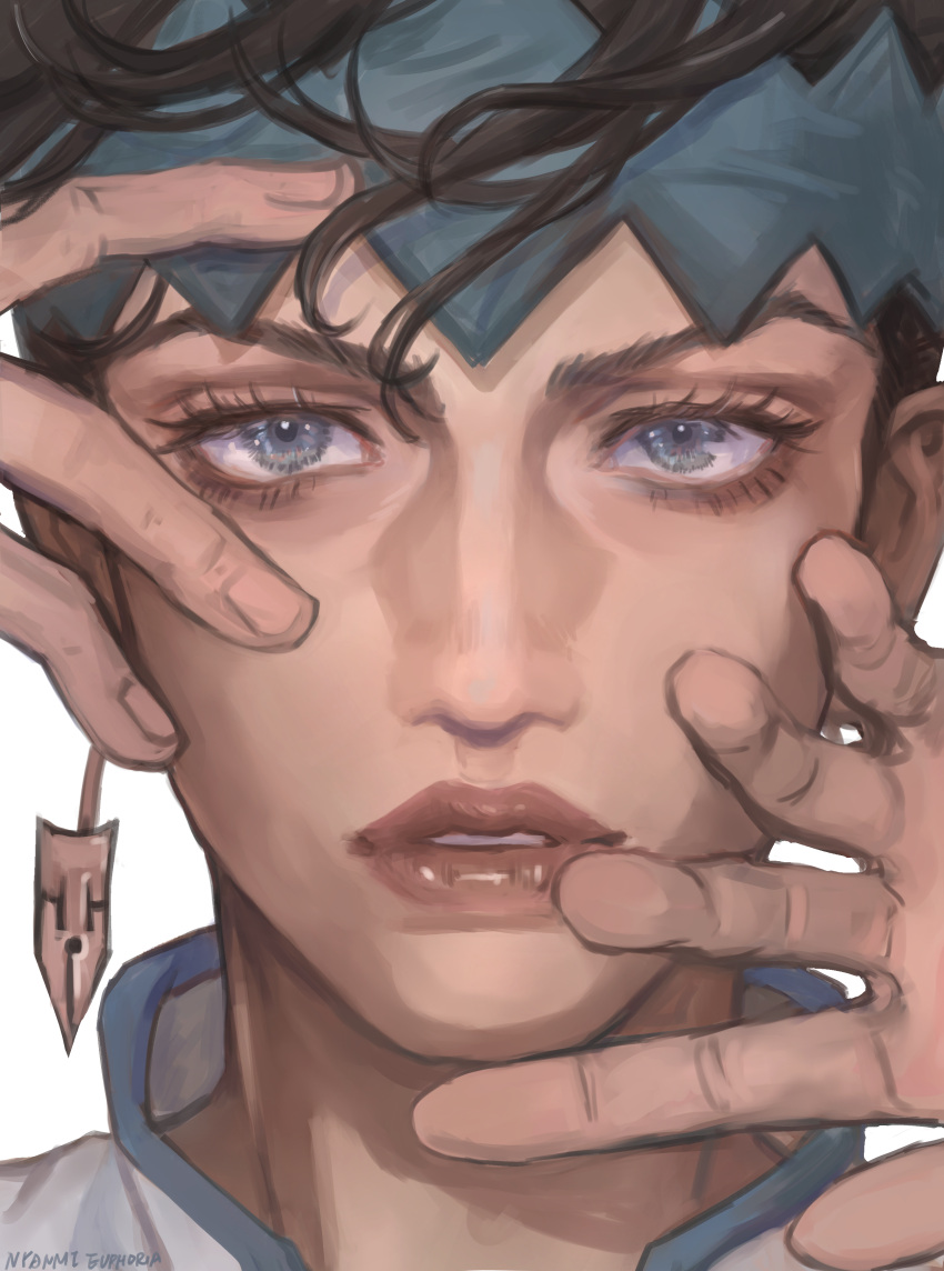 absurdres, black_hair, blue_eyes, diamond_wa_kudakenai, earrings, hands_on_own_face, hands_up, headband