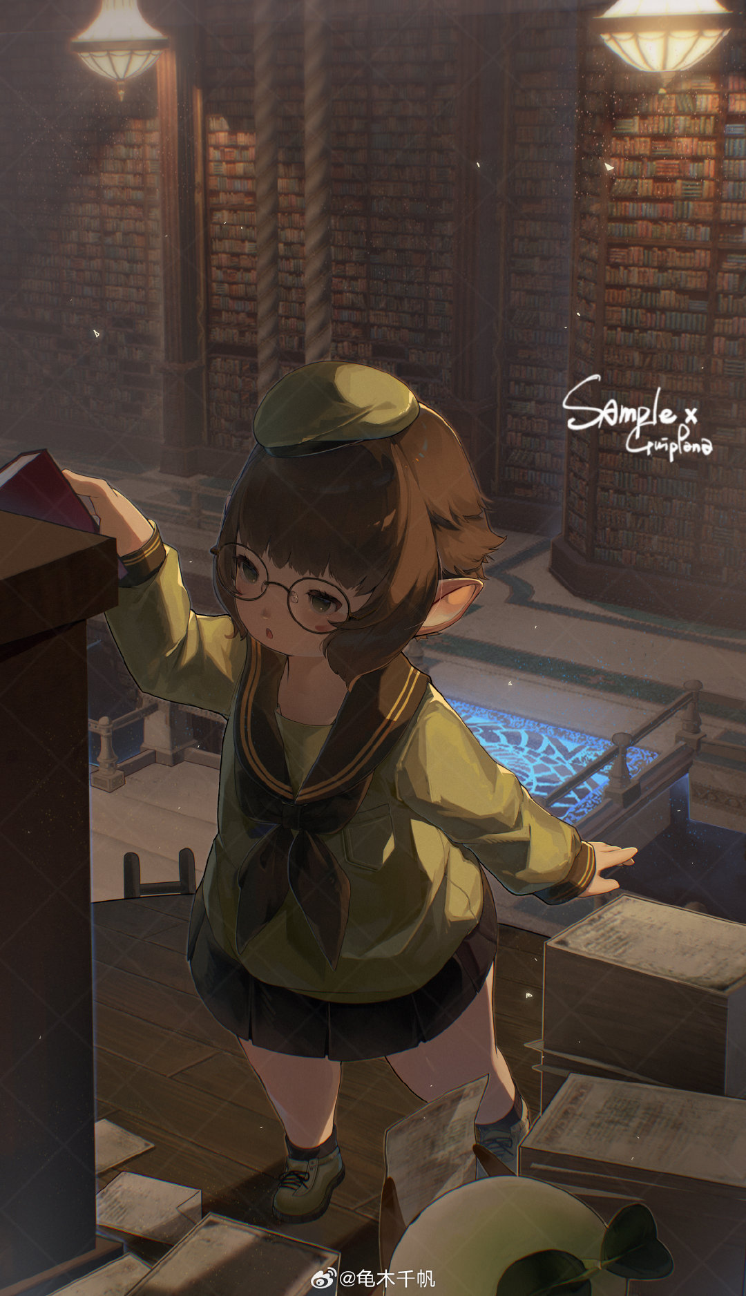 1girl, 1other, beret, black_skirt, book, bookshelf, brown_hair, ceiling_light, final_fantasy, final_fantasy_xiv, full_body, glasses, green_eyes, green_headwear, green_shirt, guippang, hat, highres, holding, holding_book, holding_paper, lalafell, library, magic_circle, mandragora_(final_fantasy), miniskirt, open_mouth, paper, paper_stack, pointy_ears, sailor, shirt, short_hair, skirt, solo, warrior_of_light_(ff14)