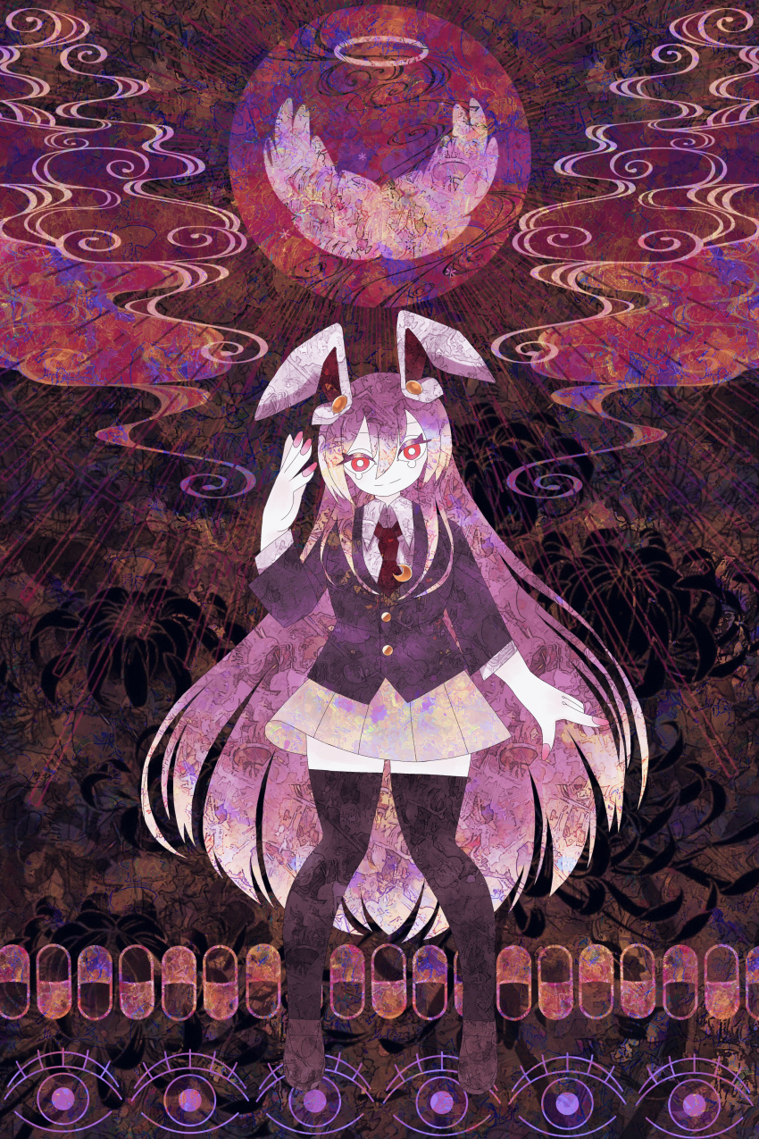 1girl, abstract, abstract_background, absurdres, angel_wings, animal_ears, arm_up, black_shirt, black_thighhighs, blazer, boku_(isizakitakasi), bright_pupils, collared_shirt, disembodied_wing, feathered_wings, flower, full_body, full_moon, halo, highres, jacket, long_hair, looking_at_viewer, miniskirt, moon, necktie, pink_nails, pink_skirt, purple_hair, rabbit_ears, rabbit_girl, red_eyes, red_moon, red_necktie, reisen_udongein_inaba, shirt, skirt, smile, solo, standing, thigh-highs, too_many_eyes, touhou, white_halo, white_pupils, wings, zettai_ryouiki