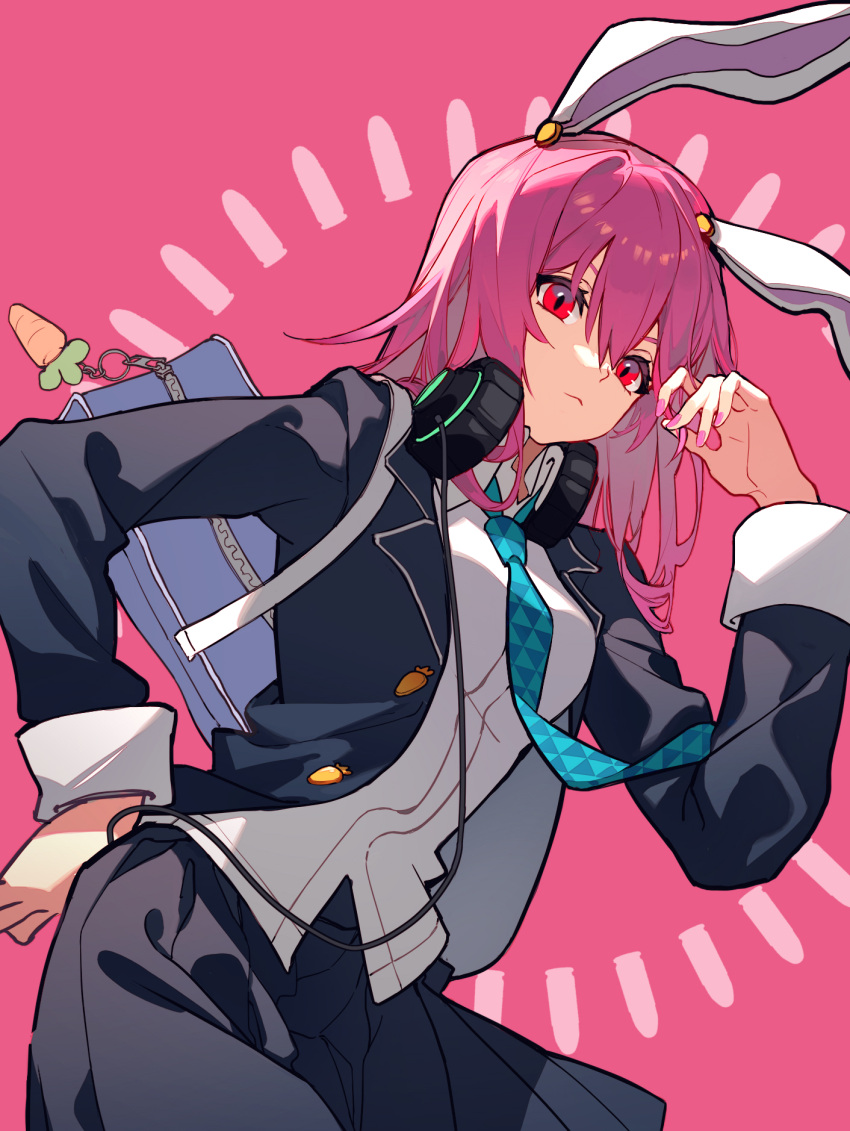 1girl, adapted_costume, animal_ears, aqua_necktie, bag, carrot_charm, closed_mouth, commentary_request