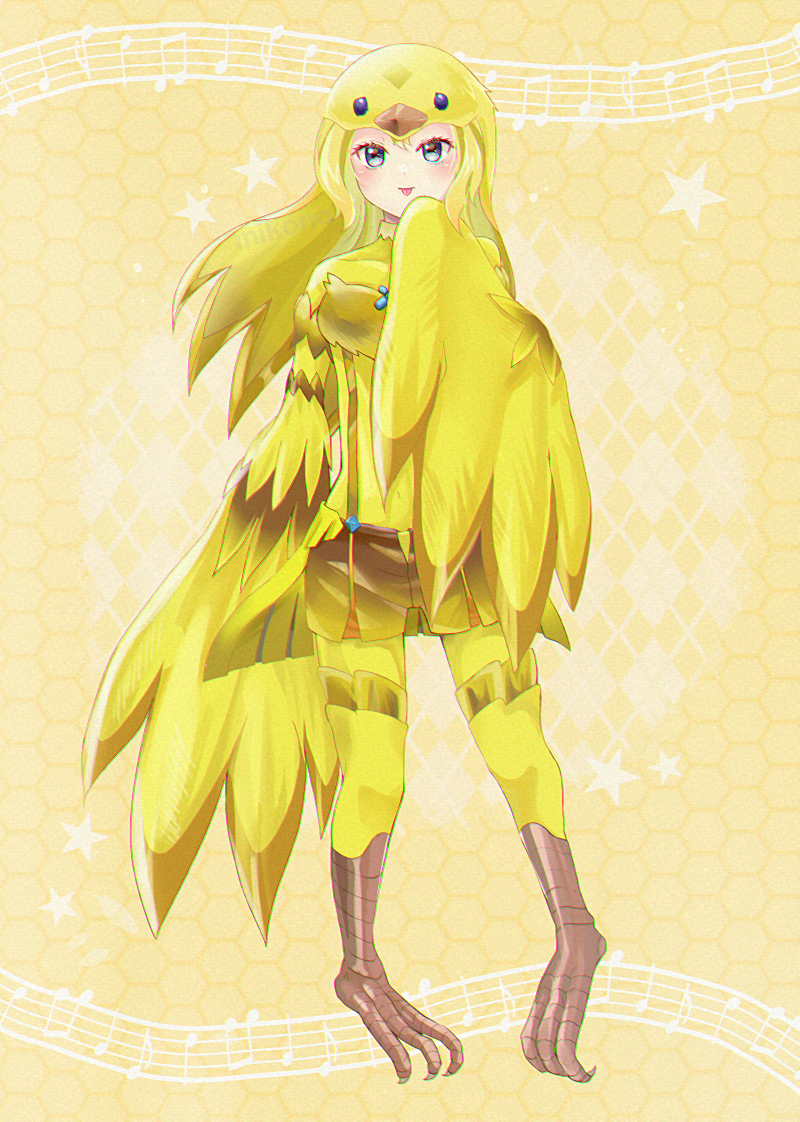 1girl, beamed_eighth_notes, bird_hat, bird_legs, blonde_hair, blush, commentary_request, covered_navel