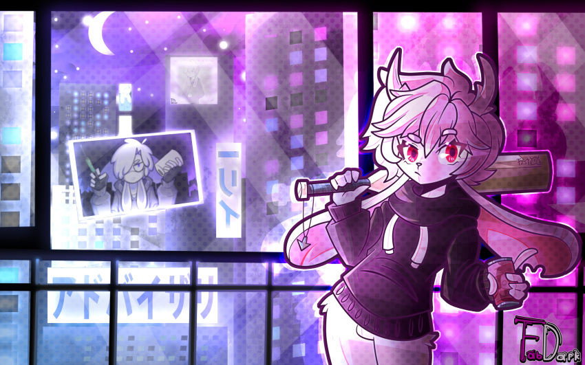 banner, baseball_bat, furry, fzst, highres, holding, holding_baseball_bat, indie_virtual_youtuber, jackalope, mexico, night, non-web_source, otoko_no_ko, pink_fur, purple_sky, rabbit, red_eyes, sky, soda_bottle, sweater, tsundere, youtube