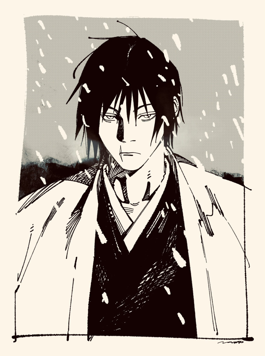 1boy, expressionless, fushiguro_touji, haori, highres, japanese_clothes, jujutsu_kaisen, kimono, male_focus, napp, outdoors, scar, scar_on_face, short_hair, snow, solo, upper_body
