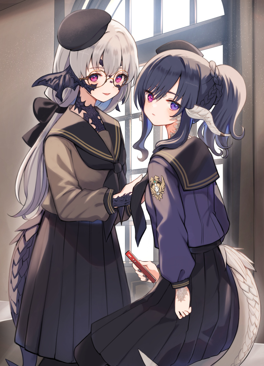 2girls, absurdres, adjusting_another's_clothes, au_ra, beret, black_headwear, black_pantyhose, black_sailor_collar
