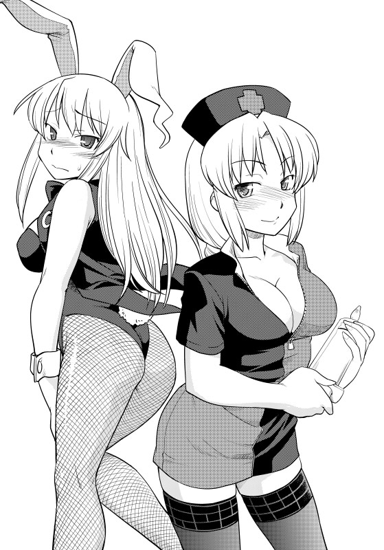 >:), adapted_costume, animal_ears, ass, back-to-back, bangs, breasts, bunny_ears