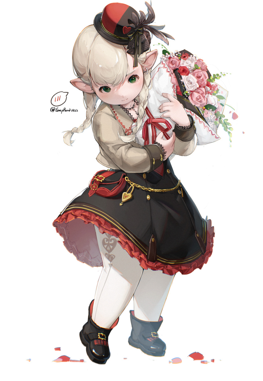 1girl, absurdres, black_footwear, black_hair, blonde_hair, bouquet, braid, breasts