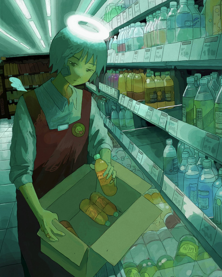 1boy, apron, bandaid, bandaid_on_face, bandaid_on_hand, bottle, box, cardboard_box