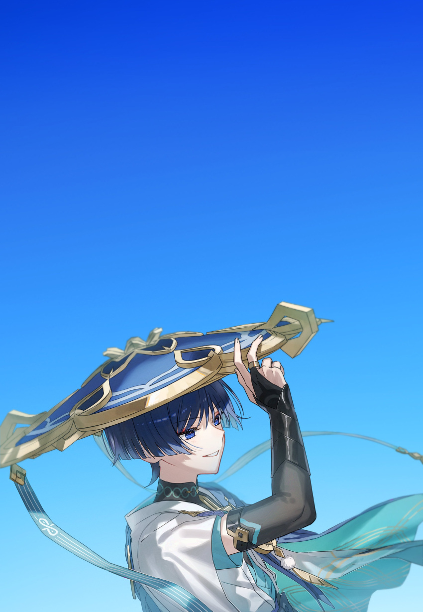 1boy, absurdres, arm_up, belt, black_bow, black_gloves, black_shirt, blue_cape