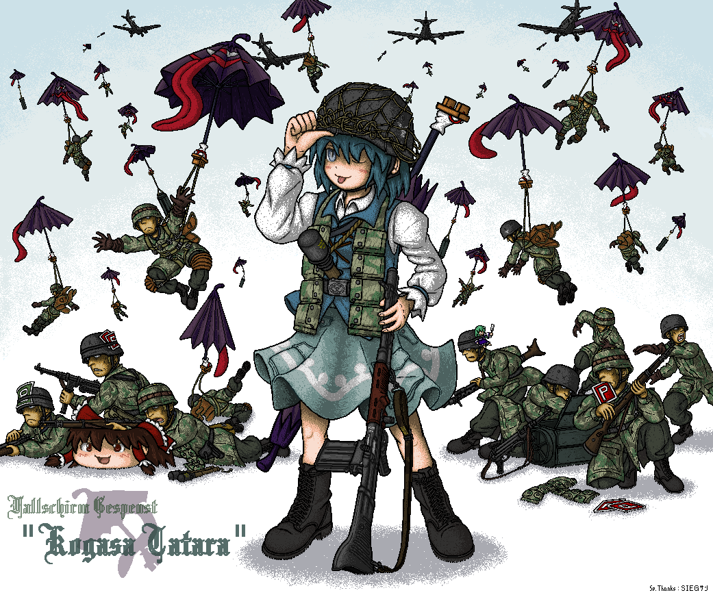 battle_rifle, belt, blue_eyes, blue_hair, bolt_action, boots, character_doll, dithering