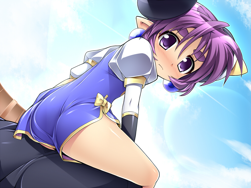 blush, earrings, eyebrows, jewelry, katami_shinta, looking_back, pov, purple_eyes