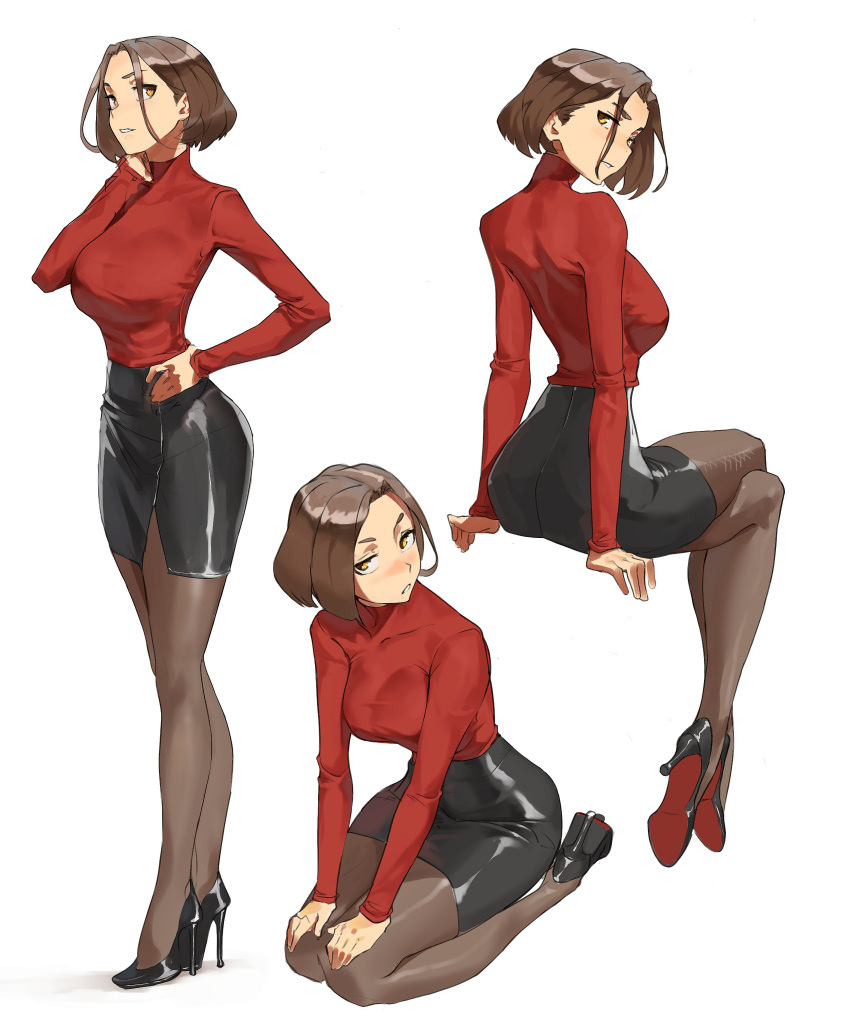 1girl, absurdres, ass, black_pantyhose, black_skirt, breasts, brown_eyes, brown_hair