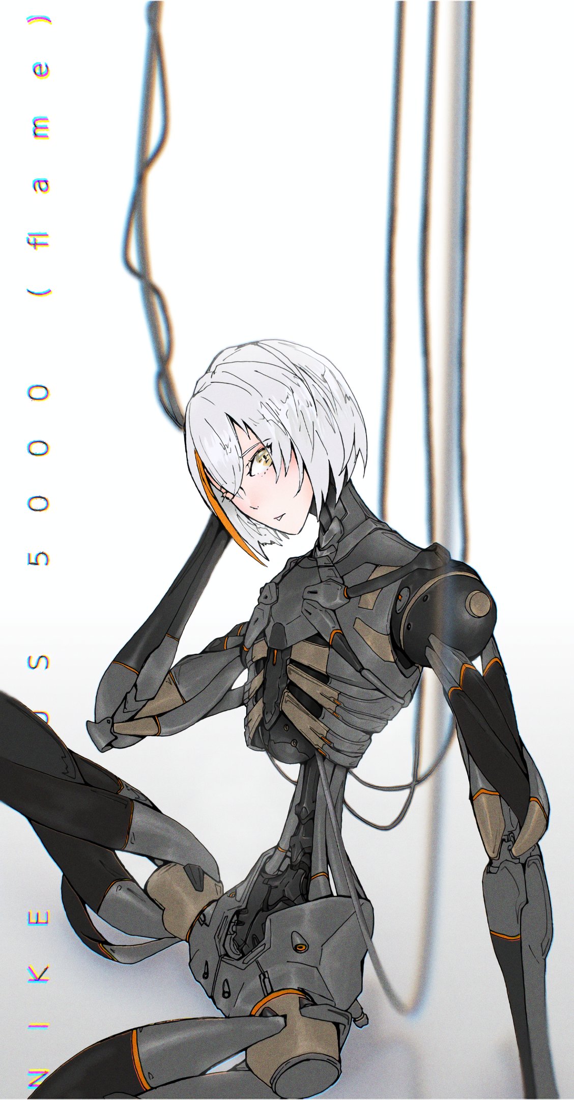 1girl, cyborg, grey_hair, hair_between_eyes, highres, joints, kyuz787297571, looking_at_viewer