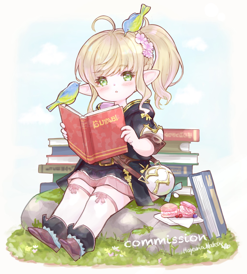 1girl, ahoge, animal_on_head, bag, bird, bird_on_head, black_dress, blonde_hair