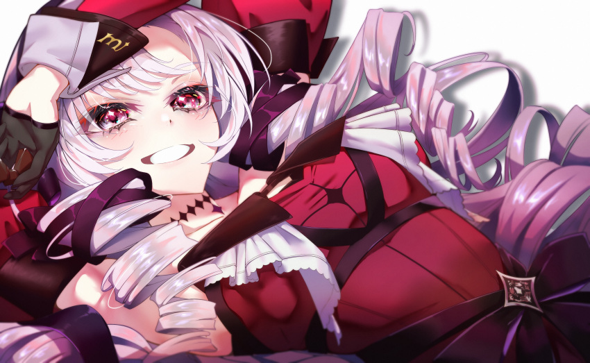1girl, absurdres, black_gloves, dress, drill_hair, gloves, grin, half_gloves