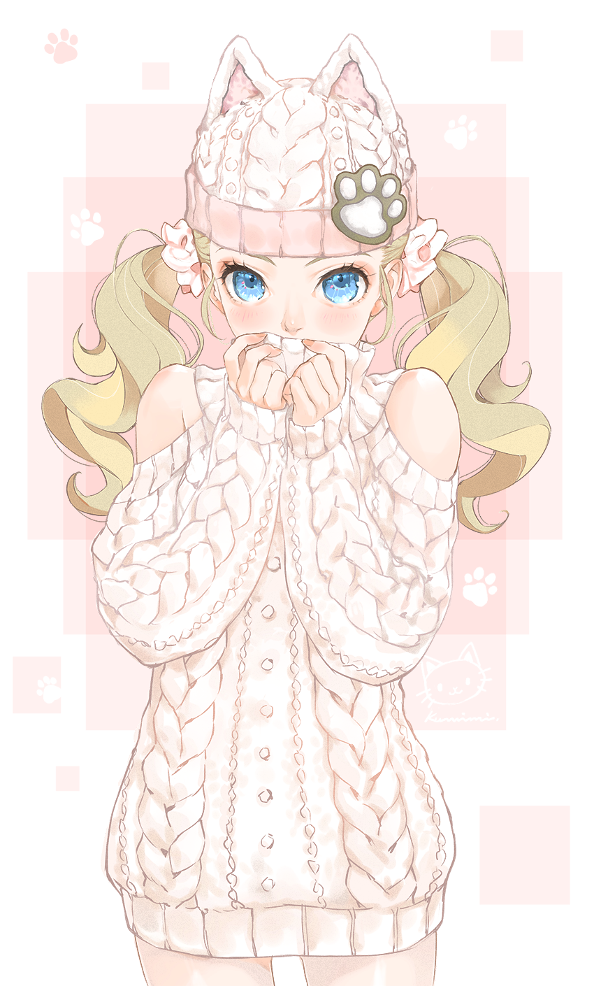 1girl, alternate_costume, animal_ears, anlucea, aran_sweater, bare_shoulders, blonde_hair, blue_eyes