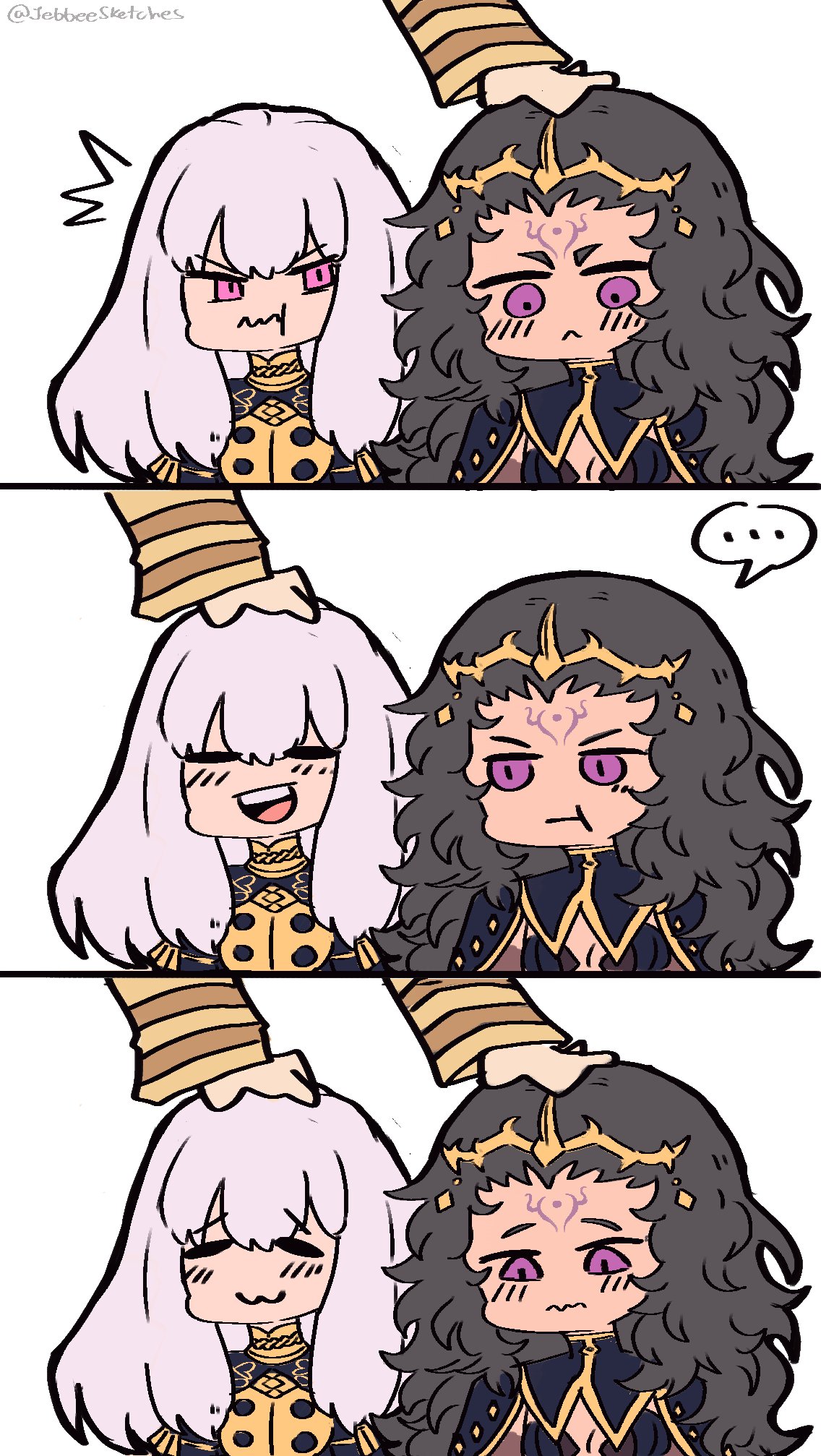 ..., 2girls, :3, black_hair, envy, fire_emblem, fire_emblem:_three_houses, fire_emblem_fates, fire_emblem_heroes, headpat, highres, jebbeesketches, kiran_(fire_emblem), long_hair, lysithea_von_ordelia, multiple_girls, nyx_(fire_emblem), speech_bubble, violet_eyes, white_hair