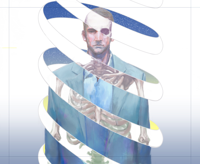 1boy, absurdres, black_eyes, black_hair, closed_eyes, expressionless, gradient_background, highres, iaiaaku, john_reese_(person_of_interest), looking_at_viewer, male_focus, mature_male, person_of_interest, short_hair, simple_background, skeleton, solo, star_(sky), straight-on, suit, upper_body