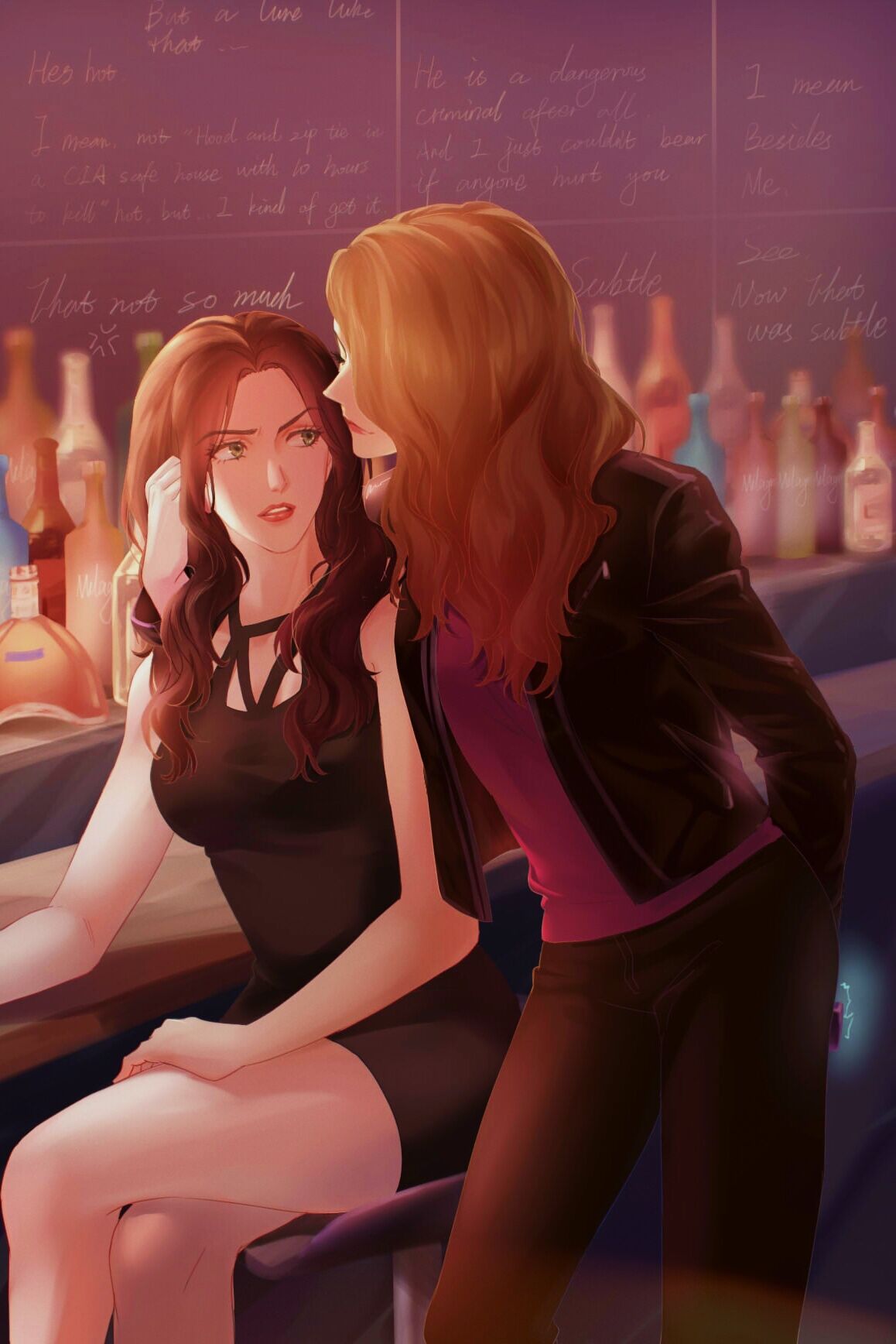 2girls, black_dress, black_hair, black_jacket, black_pants, brown_hair, cowboy_shot, dress