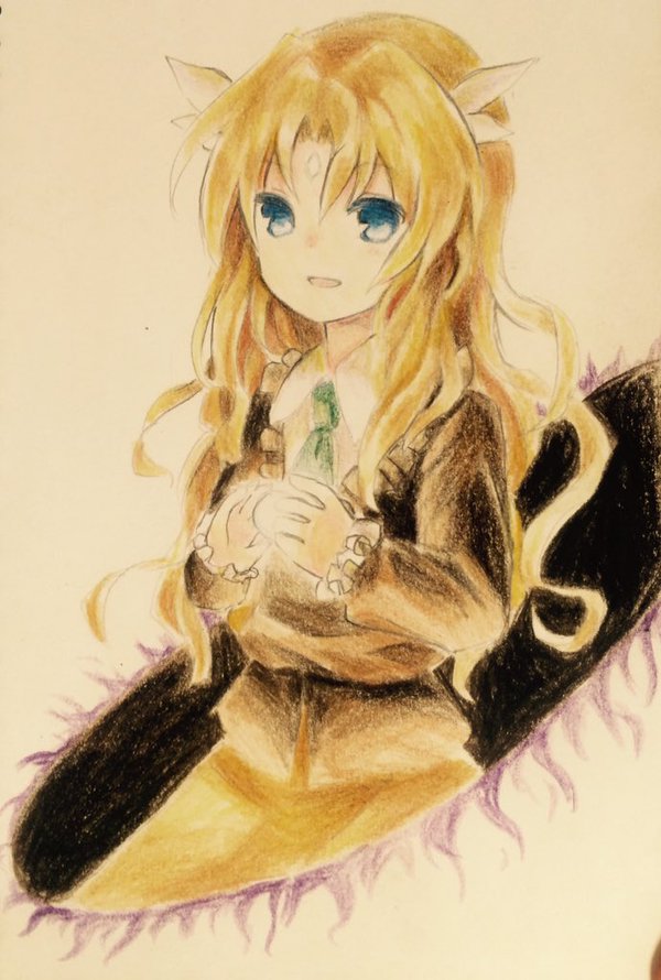 1girl, blonde_hair, blue_eyes, brown_jacket, collared_shirt, colored_pencil_(medium), commentary_request, forehead_jewel