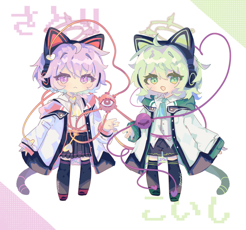 2girls, :<, :d, absurdres, animal_ear_headphones, animal_ears, artist_name, ascot