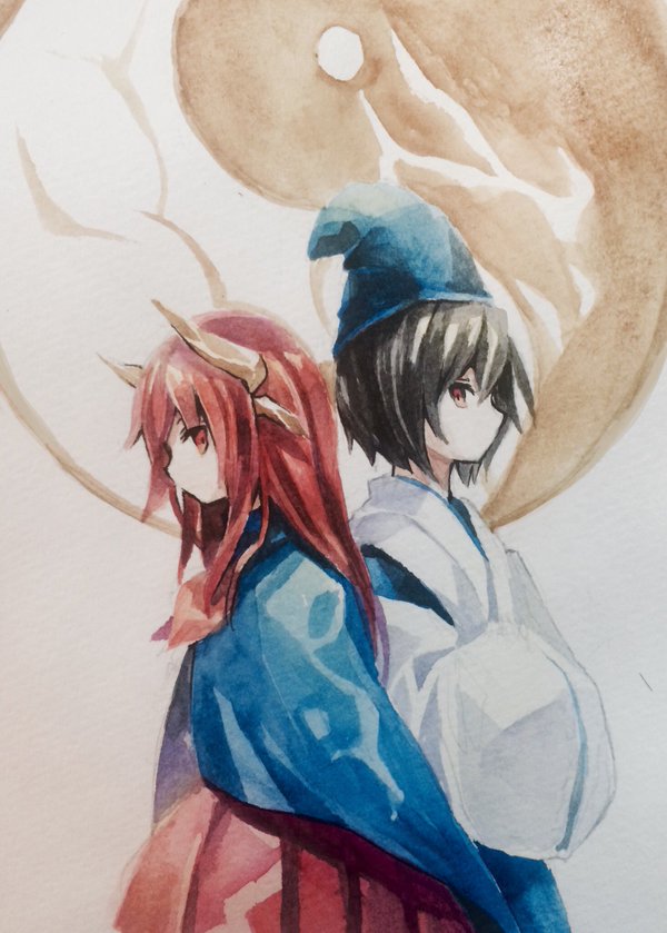 1boy, 1girl, black_hair, blue_headwear, blue_kimono, blue_shirt, brown_horns, commentary_request