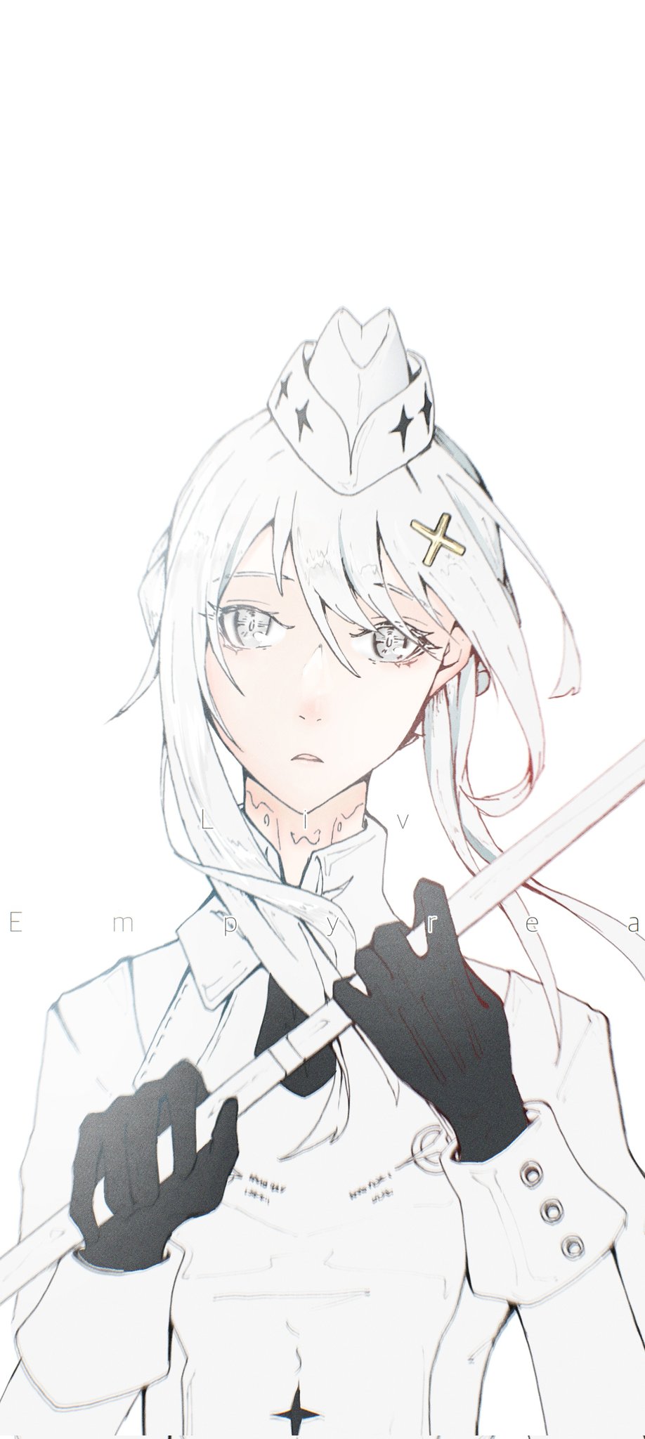 1girl, black_gloves, character_name, collared_dress, dress, garrison_cap, gloves, gown