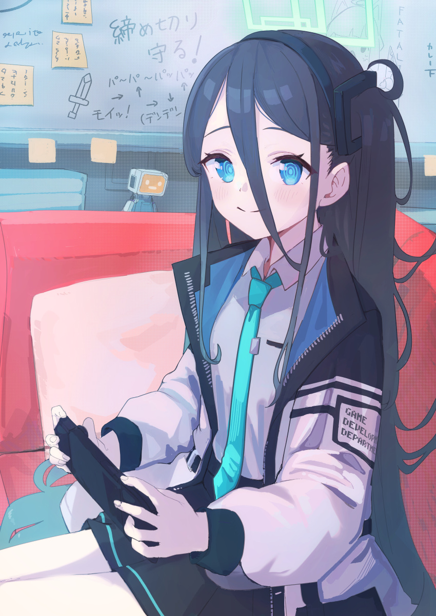 <key>_(robot)_(blue_archive), 1girl, absurdly_long_hair, absurdres, aqua_necktie, aris_(blue_archive), black_hair, black_hairband