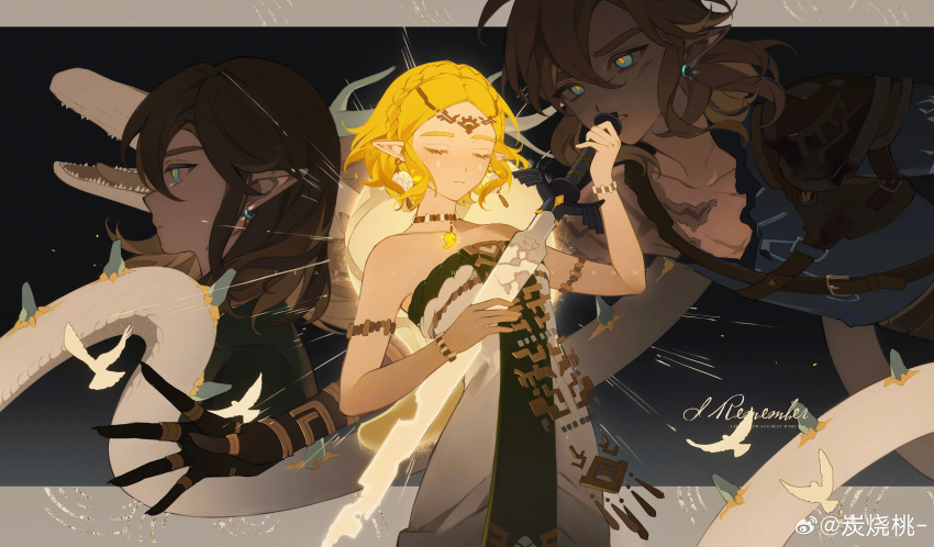 1boy, 1girl, absurdres, armlet, bare_arms, bird, blonde_hair, blue_background