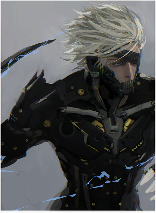 1boy, blindfold, chin_guard, commentary, cyborg, d.k, electricity, floating_hair, katana, looking_ahead, male_focus, mechanical_parts, metal_gear_(series), metal_gear_rising:_revengeance, one_eye_covered, raiden_(metal_gear), short_hair, shoulder_pads, solo, sword, symbol-only_commentary, upper_body, weapon, white_hair