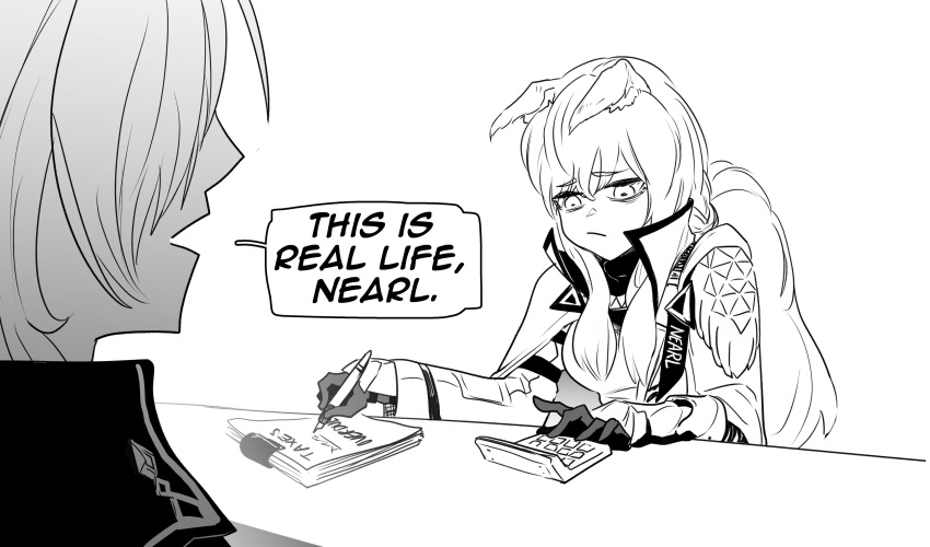 1boy, 1girl, absurdres, animal_ear_fluff, animal_ears, arknights, black_gloves, calculator
