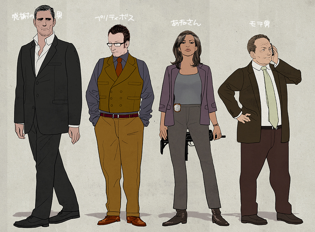 1girl, 3boys, balding, beard_stubble, black_hair, black_suit, brown_hair, dark-skinned_female, dark-skinned_male, dark_skin, full_body, glasses, grey_background, grey_hair, gun, hair_slicked_back, hand_on_own_hip, hands_in_pockets, harold_finch_(person_of_interest), holding, holding_gun, holding_phone, holding_weapon, jacket, john_reese_(person_of_interest), joss_carter, lionel_fusco, looking_at_viewer, mature_female, mature_male, medium_hair, multicolored_hair, multiple_boys, necktie, person_of_interest, phone, police_badge, rectangular_eyewear, red_necktie, short_hair, sideburns, simple_background, streaked_hair, suit, tabomi, translated, waistcoat, weapon