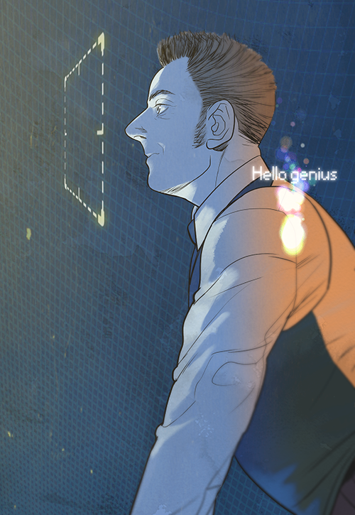 1boy, 1other, brown_hair, closed_mouth, english_text, from_side, harold_finch_(person_of_interest), male_focus