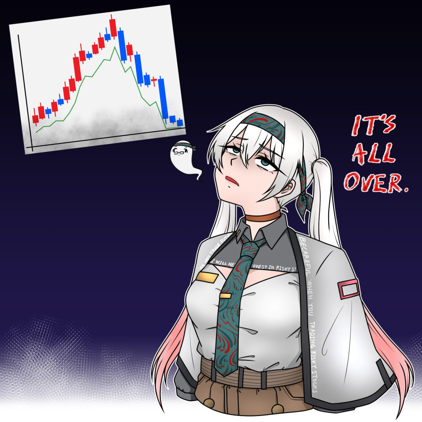 1girl, aprf, brown_shorts, cropped_torso, english_commentary, english_text, girls'_frontline_neural_cloud, giving_up_the_ghost, graph, green_eyes, green_hairband, hair_between_eyes, hairband, highres, lam_(neural_cloud), long_hair, necktie, shorts, solo, twintails, white_hair