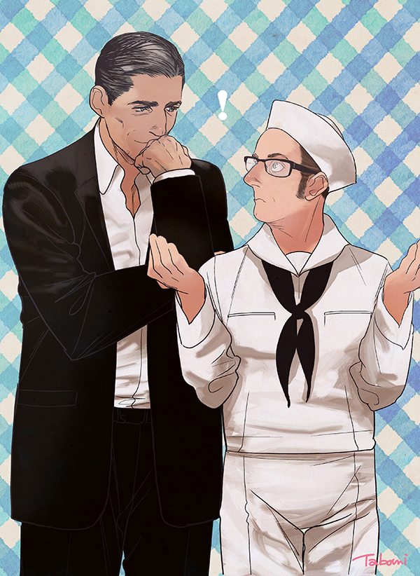 !, 2boys, ascot, black_ascot, black_hair, black_suit, checkered_background, cowboy_shot