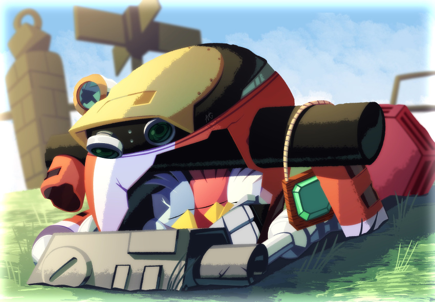 absurdres, arm_cannon, bird, blue_sky, buried, closed_eyes, e-102_gamma, flicky_(character), grass, highres, jewelry, mechanical_arms, nrg_98, partially_buried, pendant, pendant_removed, robot, signature, sky, sonic_(series), sonic_adventure, weapon, wreckage